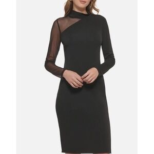 DKNY Black Mock Neck Midi Dress Mesh Sleeve Asymmetrical L Quiet Luxury Cocktail